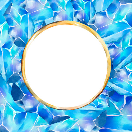 Watercolor frame with glowing blue crystals and golden circular border. Isolated design for wedding cards, celebration invitations, or cosmic-themed templates.の写真素材