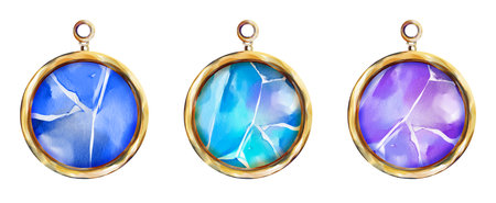 Watercolor illustration of three gemstone pendants in golden frames. Each amulet features a different crystal color - deep blue, turquoise, and violet. Ideal for mystical designs and spiritual projects.の写真素材