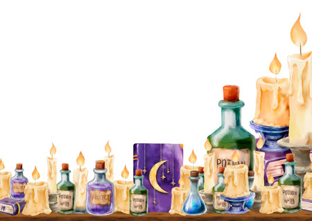 Watercolor composition of glowing candles, potion bottles labeled âPotion No. 13â and âProtectâ, and a purple spellbook with a crescent moon on a wooden shelf. A mystical witchcraft still life.の写真素材