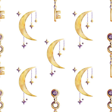 Watercolor seamless pattern featuring golden vintage keys, crescent moons with hanging stars, and glowing elements on a white background. Perfect for magical and mystical-themed designs.の写真素材