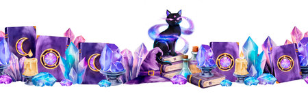 Watercolor fantasy border featuring a mystical black cat, glowing crystals, spell books, candles, and magic potions. Suitable for magical themes, scrapbooking, and decoupage.の写真素材