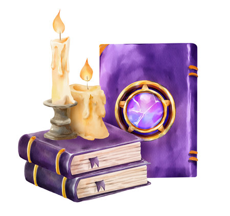 Watercolor illustration of a purple spellbook with a radiant violet gemstone on the cover. Surrounded by burning candles and vintage stacked books. Perfect for mystical and magical-themed designs.の写真素材