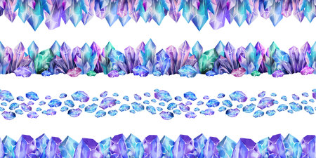 Seamless watercolor crystal borders in shades of purple, blue, and turquoise. Includes vertical quartz clusters and scattered gemstones. Perfect for mystical designs, packaging, prints, and digital decorations.の写真素材