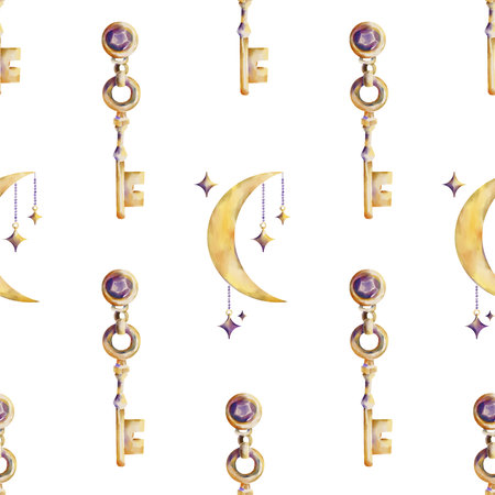 Watercolor seamless pattern featuring golden vintage keys, crescent moons with hanging stars, and glowing elements on a white background. Perfect for magical and mystical-themed designs.の写真素材