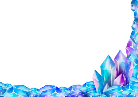 Watercolor crystal frame with gemstone cluster in the bottom right corner. Perfect for magical cards, fantasy layouts, or cosmic-themed invitations.の写真素材