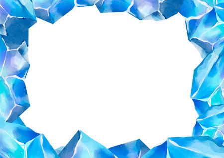 Abstract watercolor frame with large blue crystal border on all sides. Horizontal layout perfect for wedding templates, cards, or cosmic-inspired backgrounds.の写真素材