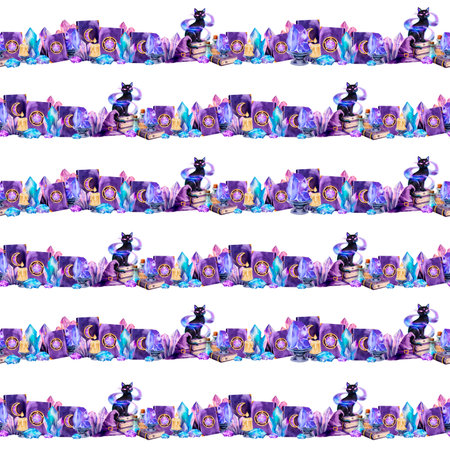 Watercolor seamless border with a mystical black cat, spell books, glowing crystals, and magical objects in violet and blue tones. Perfect for fantasy, witchy projects, scrapbooking and decoupage.の写真素材