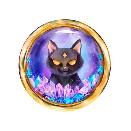 Fantasy illustration of a black cat with glowing golden eyes, surrounded by purple, pink and blue crystals inside a golden round frame. Perfect for witchy themes, tarot, posters, and digital art.の写真素材