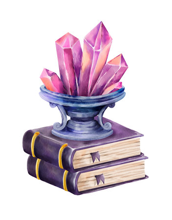 Watercolor illustration of a cluster of violet crystals placed in a magical chalice, standing on a stack of old purple books. Ideal for fantasy, esoteric, or magical-themed design.の写真素材