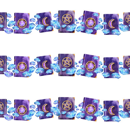 Seamless horizontal border pattern with purple spell books decorated with moon and pentagram symbols, surrounded by glowing blue crystals. Great for fantasy, witchy and mystical design projects.の写真素材