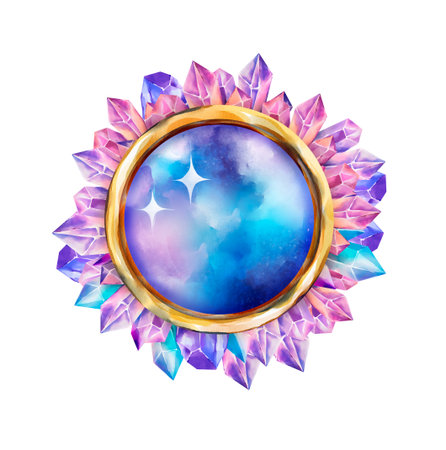 Watercolor illustration of a glowing blue and purple crystal orb encased in a golden frame and surrounded by radiant pink and turquoise crystals. For magical, fantasy, and witchy-themed designs.の写真素材