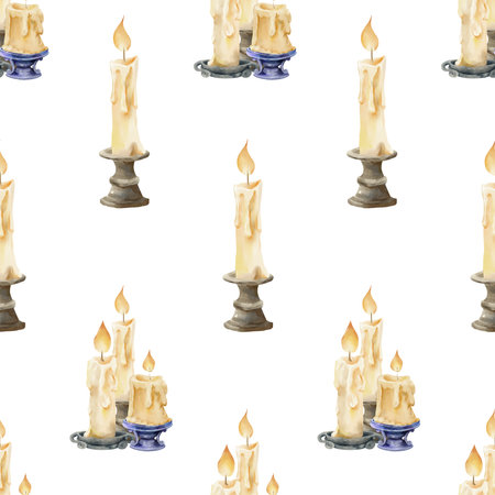 Watercolor seamless pattern featuring vintage candles on metal and ceramic candle holders. For magical, gothic, or cozy themed projects, packaging, and wrapping paper.の写真素材