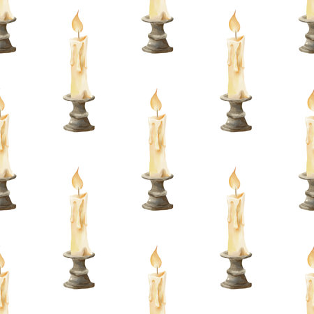 Watercolor seamless pattern featuring vintage candles on metal and ceramic candle holders. For magical, gothic, or cozy themed projects, packaging, and wrapping paper.の写真素材