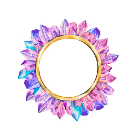 Hand-painted round frame with bright watercolor crystals in pink, purple, and turquoise hues. The golden ring is surrounded by faceted gemstones, perfect for invitations, cards, and designs.の写真素材