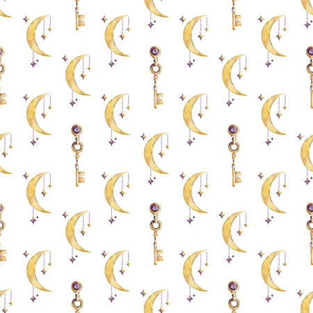 Watercolor seamless pattern with golden crescent moons, hanging keys and sparkling stars on a white background. Ideal for mystical, magical, and celestial-themed designs.の写真素材