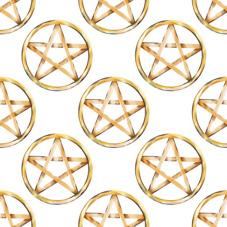 Seamless pattern with golden pentagrams inside circles painted in watercolor. Repeating mystical symbols over white background, for witchcraft-themed products, fabric prints, or digital wallpapers.の写真素材
