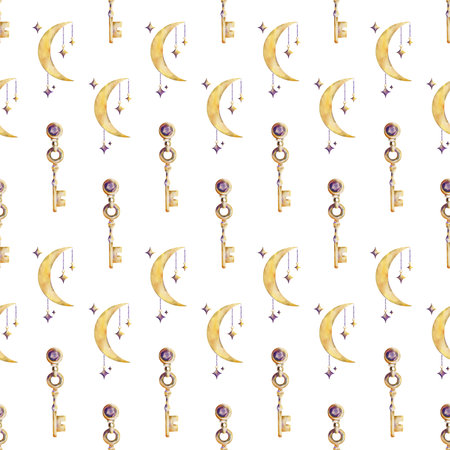 Seamless watercolor pattern with golden crescent moons decorated with dangling stars, keys with crystals on a white background. For boho projects, mystical paper goods, and celestial-themed textiles.の写真素材