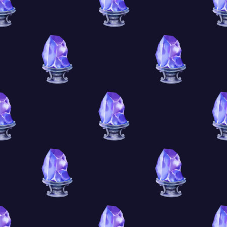Watercolor seamless pattern on a dark background featuring purple crystals on ornate metallic stands. For magical packaging, fantasy-themed paper goods, Halloween decor, and mystical fabric prints.の写真素材