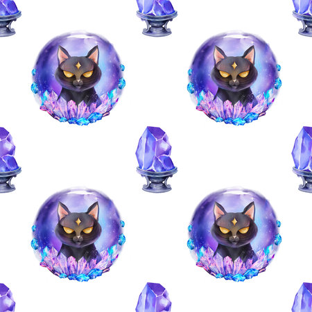 Seamless watercolor pattern with a magical black cat inside a glowing crystal orb and violet crystals placed on silver stands. for fantasy prints, Halloween packaging, textiles, mystical stationery.の写真素材