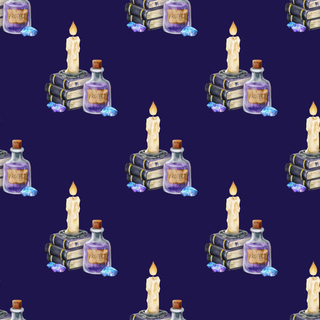 Seamless pattern with watercolor illustrations of candles, potion bottles labeled "Protect", stacked books, and crystals. Repeated composition on a deep navy background.の写真素材