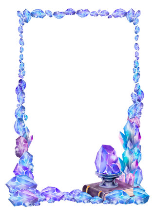 Watercolor vertical frame with blue and violet crystals. Bottom corner features a glowing gemstone on a stand and a magic book. Great for fantasy and mystical compositions.の写真素材
