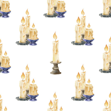 Watercolor seamless pattern featuring vintage candles on metal and ceramic candle holders. For magical, gothic, or cozy themed projects, packaging, and wrapping paper.の写真素材