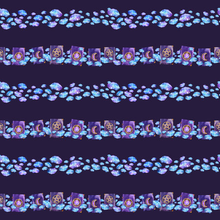 Seamless watercolor border pattern with glowing crystals and mystical books, moons, and crystal emblems. For fantasy dividers, mystical packaging, witchy stationery, and magical prints.の写真素材