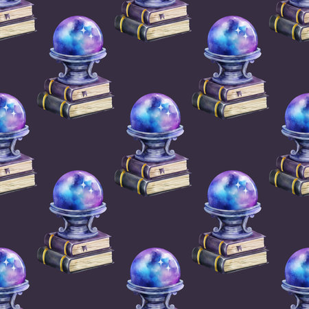 Seamless watercolor pattern featuring a glowing crystal ball placed on a stack of vintage magic books. Set against a deep violet background, it's ideal for mystical, fantasy, and witchy designs.の写真素材