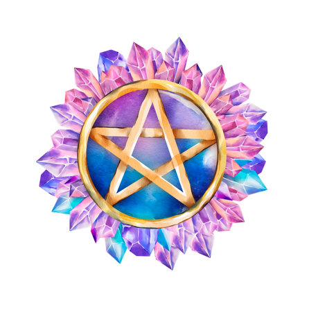 Watercolor illustration of a golden pentagram inside a round frame, surrounded by radiant crystals in violet, pink and turquoise hues. Ideal for spiritual, magical, and witch-themed designs.の写真素材