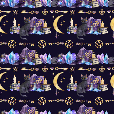 Seamless watercolor pattern on dark background: a mystical black cat, spell books, crystals, potion, candles, golden pentagrams. For Halloween, magical stationery, packaging, and fantasy textiles.の写真素材