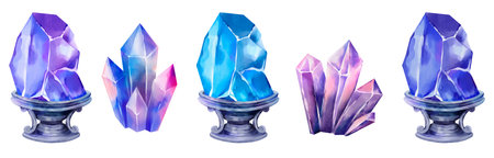 A mystical watercolor set of bright blue, violet and pink crystals, some on ornate pedestals. Perfect for magical projects, esoteric compositions, potion labels and fantasy themes.の写真素材