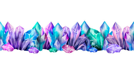 Seamless mystical border made of watercolor crystals in purple, blue, pink, and green tones. Suitable for magical themes, fantasy projects, scrapbooking and packaging design.の写真素材
