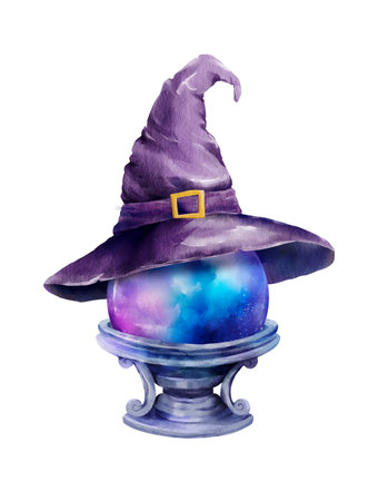 Watercolor illustration of a glowing crystal ball in a decorative stand, covered with a purple wizard hat. Perfect for magical themes, fortune telling, fantasy designs, and witchcraft elements.の写真素材