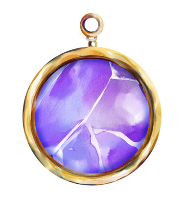 Watercolor illustration of a round amulet with a cracked purple gemstone set in a golden frame. This magical pendant is ideal for fantasy designs, mystical stories, and witchcraft visuals.の写真素材