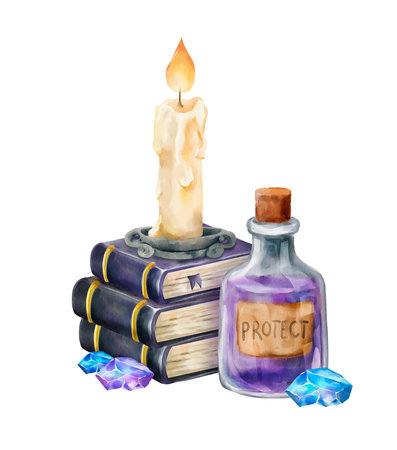 Watercolor composition with a glowing candle, stack of magic books, protection potion bottle and scattered blue crystals. Great for fantasy projects, witchcraft themes and esoteric illustrations.の写真素材