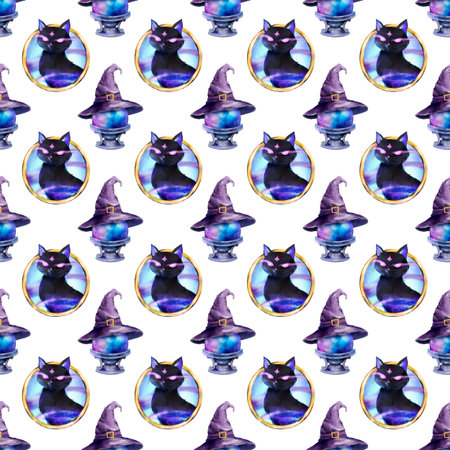 Seamless watercolor pattern with a mystical black cat in a magical frame, purple witch hats, and glowing crystal balls. For Halloween stationery, fantasy-themed prints, and magical packaging.の写真素材