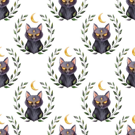 Seamless watercolor pattern featuring a mystical black cat with golden eyes, surrounded by olive branches and a crescent moon. Perfect for magical projects, Halloween themes, wrapping papeの写真素材