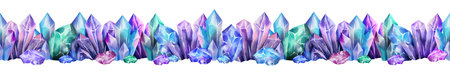 Seamless horizontal border featuring hand-painted watercolor crystals in vibrant shades of purple, blue, and green. For banners, magical designs, packaging, digital headers, and scrapbook projects.の写真素材