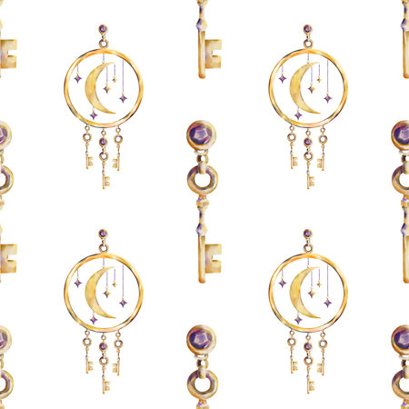 Seamless watercolor pattern featuring vintage golden keys, crescent moons, and dangling purple stars. Ideal for boho designs, mystical packaging, wrapping paper, textiles, and magical-themed projects.の写真素材