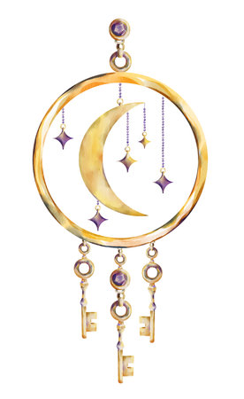 Watercolor illustration of a golden moon dreamcatcher with dangling purple stars and three ornate keys. A magical boho-style symbol often used in spiritual or witchy designs.の写真素材