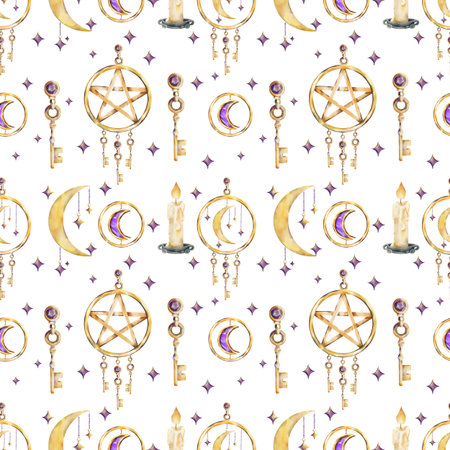 Watercolor seamless pattern with golden moons, pentagram charms, keys, candles on a white background. For witchy designs, spiritual stationery, Halloween packaging, and magical-themed prints.の写真素材