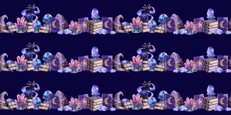 Seamless dark border featuring a black magical cat, witch hat, books, crystals, potions, and moonlit spell books. Perfect for Halloween designs, fantasy themes, packaging, and invitations.の写真素材