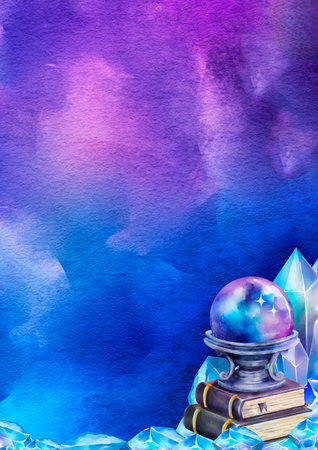 Mystical watercolor background in violet and blue tones with a crystal ball, stacked books, and shiny crystals in the corner. For fantasy-themed designs, posters, invitations, and digital banners.の写真素材