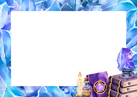 Horizontal watercolor frame with blue crystals and mystical objects in the bottom corner, including a candle, spell books, potion bottle, and amethyst crystal. for magical invitations, postersの写真素材
