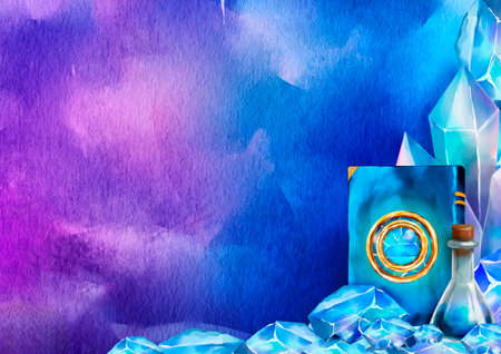 Watercolor fantasy background in shades of blue, violet featuring a magical book, a potion bottle, and glowing blue crystals. for mystical projects, banners, and themed invitations.の写真素材