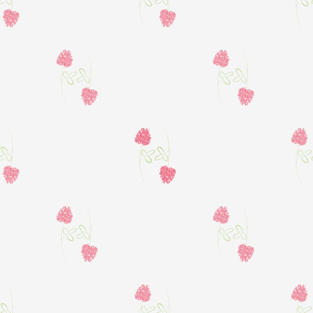Seamless floral pattern featuring pink clover flowers with delicate green stems on a light...
