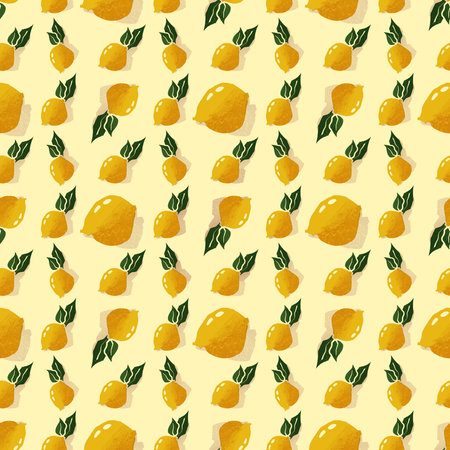 Seamless vertical pattern with bright yellow lemons and dark green leaves on light yellow background. Great for summer textile, kitchen decor, wrapping paper, and organic food packaging.の写真素材