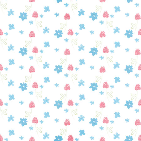 Seamless pattern with blue and pink flowers and green leaves on white background. For textile design, wallpapers, packaging, and cheerful spring or summer-themed projects.の写真素材