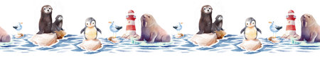 Seamless horizontal border with arctic marine animals, rocks, lighthouse and waves. Includes penguin, walrus, otters, seagull and red lighthouse. Suitable for packaging, fabric and web banners.の写真素材