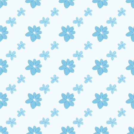 Seamless pattern featuring hand-drawn blue flowers of different sizes on a white background. Ideal for fabric, wallpaper, packaging, and spring or summer-themed designs.の写真素材
